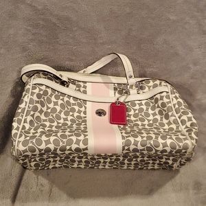 White and gray Coach purse